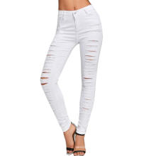 Fashion Wholesale Elastic High Waist Denim Pants Plus Size White Skinny Ripped Jeans Women